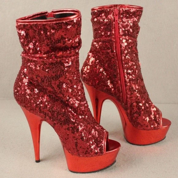 Pleaser Red Sequin Platform Ankle Boots Peep Toe Stiletto Heel Womens Size 8 - Picture 2 of 10